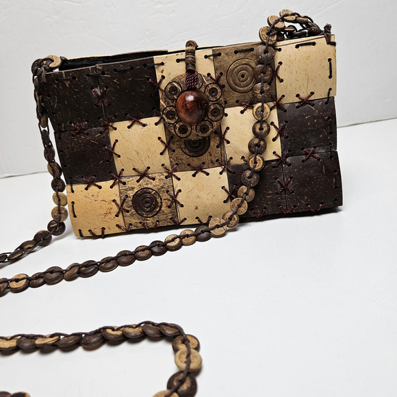 Coconut Shell Engraved Shoulder Bag Purse Boho Zip Top Handmade - Picture 1 of 12